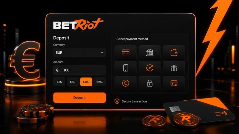 Dépôt BetRiot 100 € — cartes, virement, e-wallets et crypto acceptés en euros